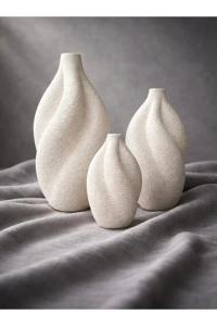 3’lü Modern Dokulu Seramik Gorunumlu Vazo Seti 19-15-10 cm | Minimal Ev Dekorasyon Çiçeklik